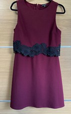 Warehouse Size 12 Burgundy Red Dress Double Layer Fit & Flare Black Lace Evening