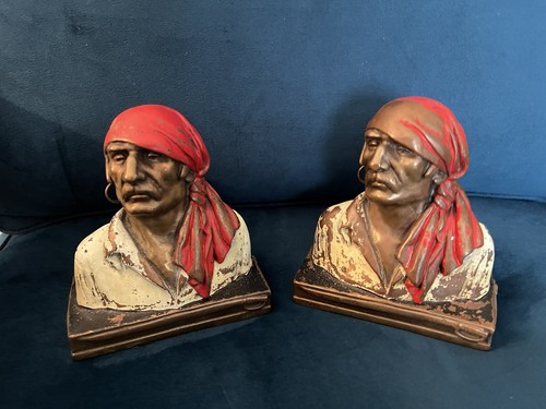 Pirate Bookend Pair Buccaneer Bronze Old Vintage Decor w Earring WOW !!!