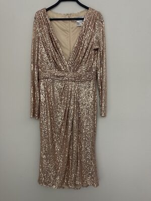 Mac Duggal Gold Sequin V-Neck Long Sleeve Evening Dress Size 10