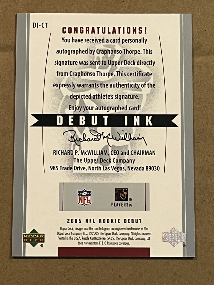 2005 UPPER DECK ROOKIE DEBUT DEBUT INK - CRAPHONSO THORPE ROOKIE AUTOGRAPH - Image 4 of 4