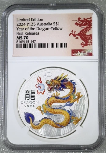 2024 Australia Silver Lunar Year of the Dragon NGC MS70 1oz $1 Coin P125 YELLOW