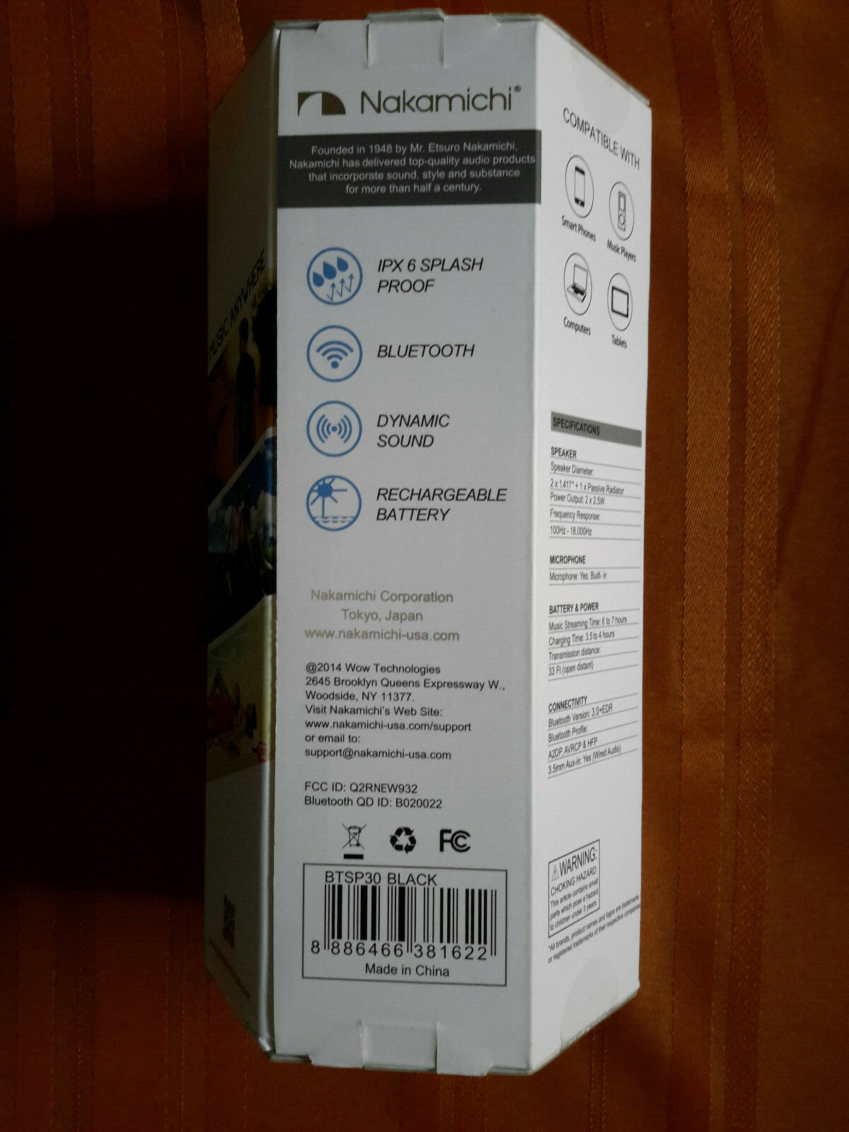Nakamichi BTSP30 Splashproof  Wireless Bluetooth Speaker (Black) - Brand New
