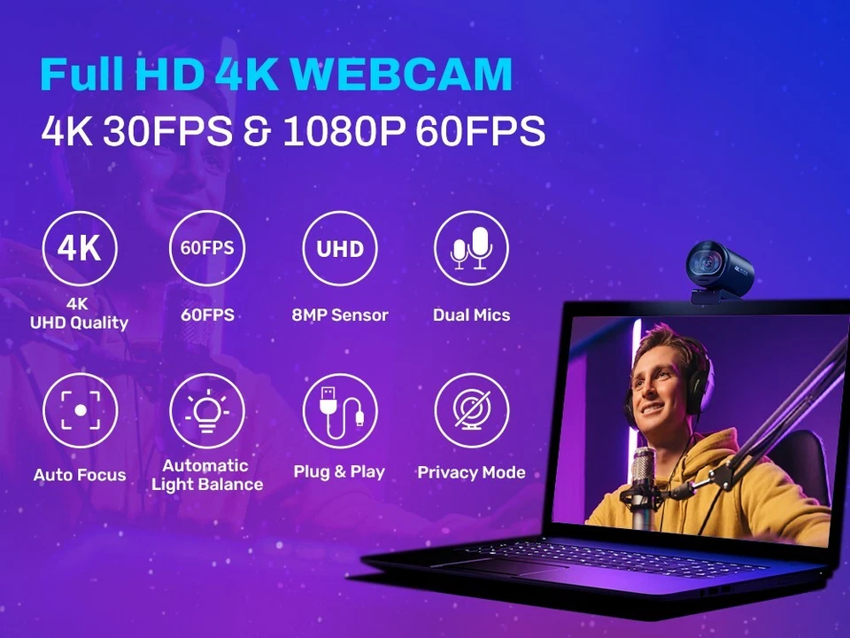 4K Streaming Webcam with Microphone EMEET S600 Ultra HD 60FPS AutoFocus Camera - Image 2 of 4