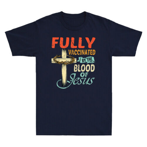 Fully Vaccinated By The Blood Of Jesus Faith Funny Christian Retro Men's T-Shirt - Afbeelding 1 van 4
