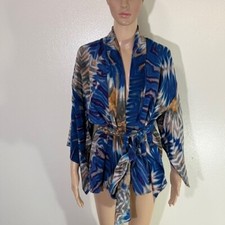 Carter Shibori Art To Wear Blue Tie Waist Kimono Jacket Top Os One Size