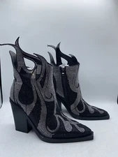 Women's Rhinestone Flame High Heel Cowboy Ankle Boots, Black / Silver, Size 39
