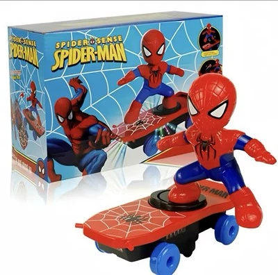 Giocattolo spiderman con skateboard, cammina e si illumina, regalo per bambini