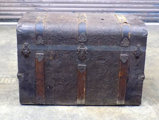 Antique Wood Steamer Trunk w/ Hand-Hammered Metal Cladding & Adjustable Tray