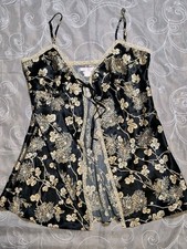 Victoria's Secret Lace Satin Nighty Women's Sz M Black Gold Tie Lingerie Floral