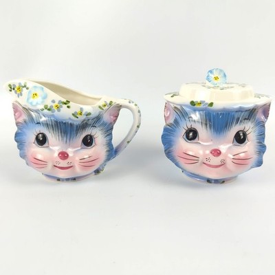 LEFTON Miss Priss Creamer & Sugar Bowl Blue Cat Floral Japan 1508 Vintage MCM