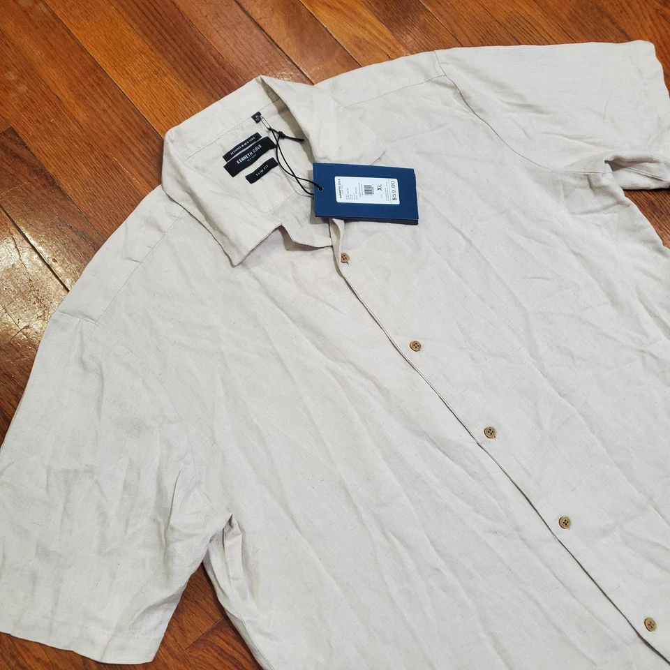 Kenneth Cole Shirt Mens XL Beige Linen Blend Camp Collar Slim Fit Short Sleeve - Image 2 of 4