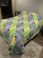 Handmade Grandma's Quilt 84:"x96" Blue, Green Yellow, bedspread, cover.