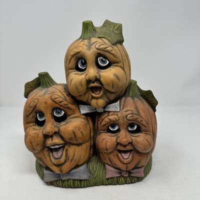 VTG Expressive Ceramic Pumpkin Trio Funny Faces Lighted