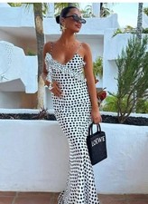 Zara Long Ruffled Polka Dot Satin Dress Black White Size XS 3207/011 