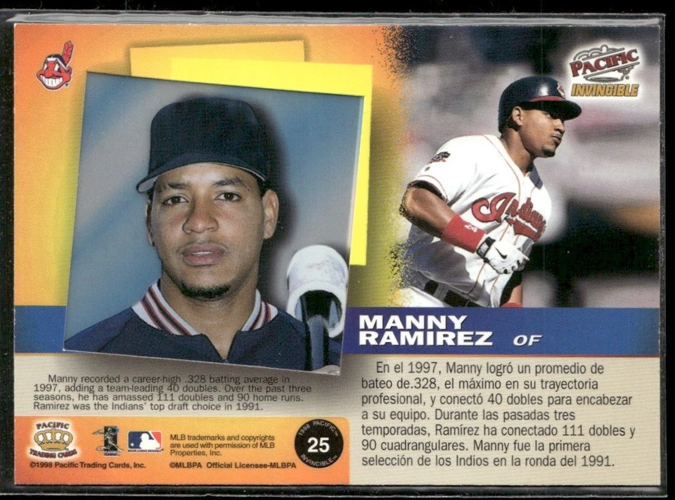 1998 PACIFIC INVINCIBLE MANNY RAMIREZ CLEVELAND INDIANS #25 - Image 2 of 3