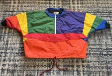 Vintage 80s Ripon Oversized Rainbow Color Block Quilted Lined Rain Jacket XL USA