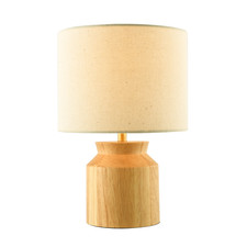 Designer Wooden Table Lamp with Beige Oatmeal Linen Fabric Drum Shade by Happ...