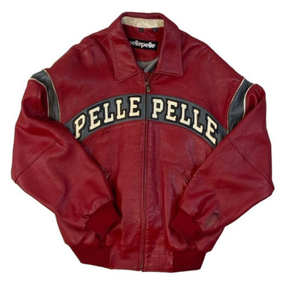 Vintage 90s Pelle Pelle Red White & Grey Leather Bomber Jacket L