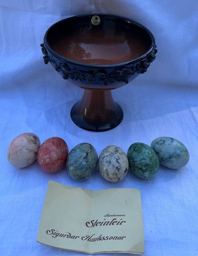 MCM Sigurdar Haukssonar Lava Art BOWL & 6 MARBLE or Quartz? Eggs ICELAND 1980s