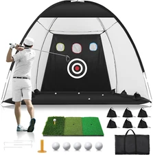 10x7Ft Golf Practice Net w/ Tri-Turf Mat Indoor Outdoor Hitting Net Training Set