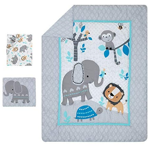 Bedtime Originals Jungle Fun 3-Piece Crib Bedding Set, Blue/Gray - Picture 2 of 5