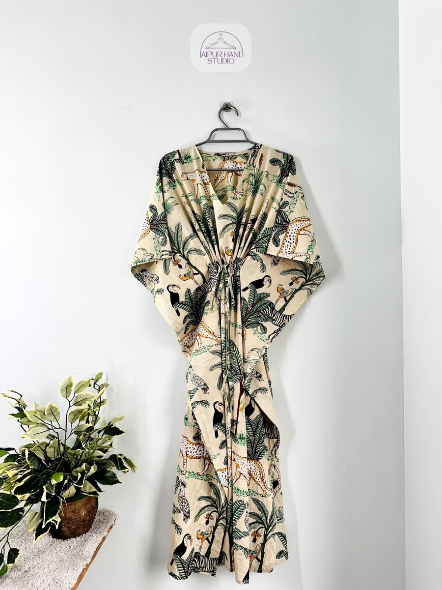 Indian Handmade Cotton Jungle Printed Beach Summer Swim Wear Dress Long  Kaftan | eBay