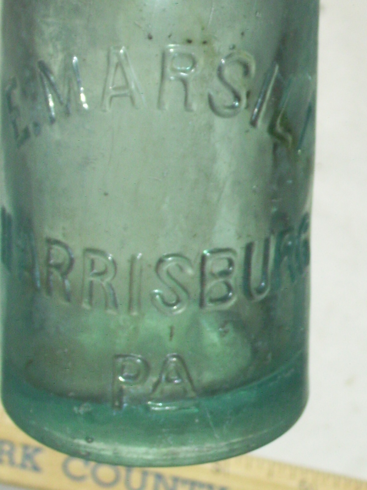Vintage blue embossed  E. Marsili Harrisburg, Pa. affixed blob top glass bottle