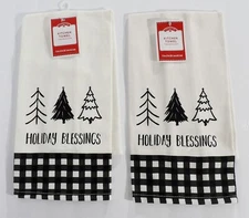 Set of 2 HOLIDAY BLESSINGS Black & White Checked 100% Cotton Kitchen Towels