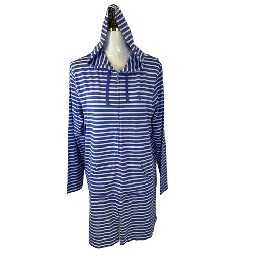 COOLIBAR SPF 50+ Sun Protection Blue Striped Full Zip Cabana Hoodie Dress Large - Picture 2 of 23