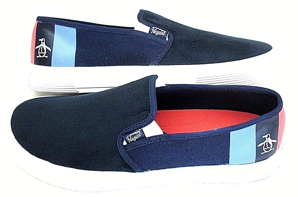 Zapatos de lona originales Penguin para hombre Sam a rayas azul marino blanco nuevos en caja Foto 2 de 4