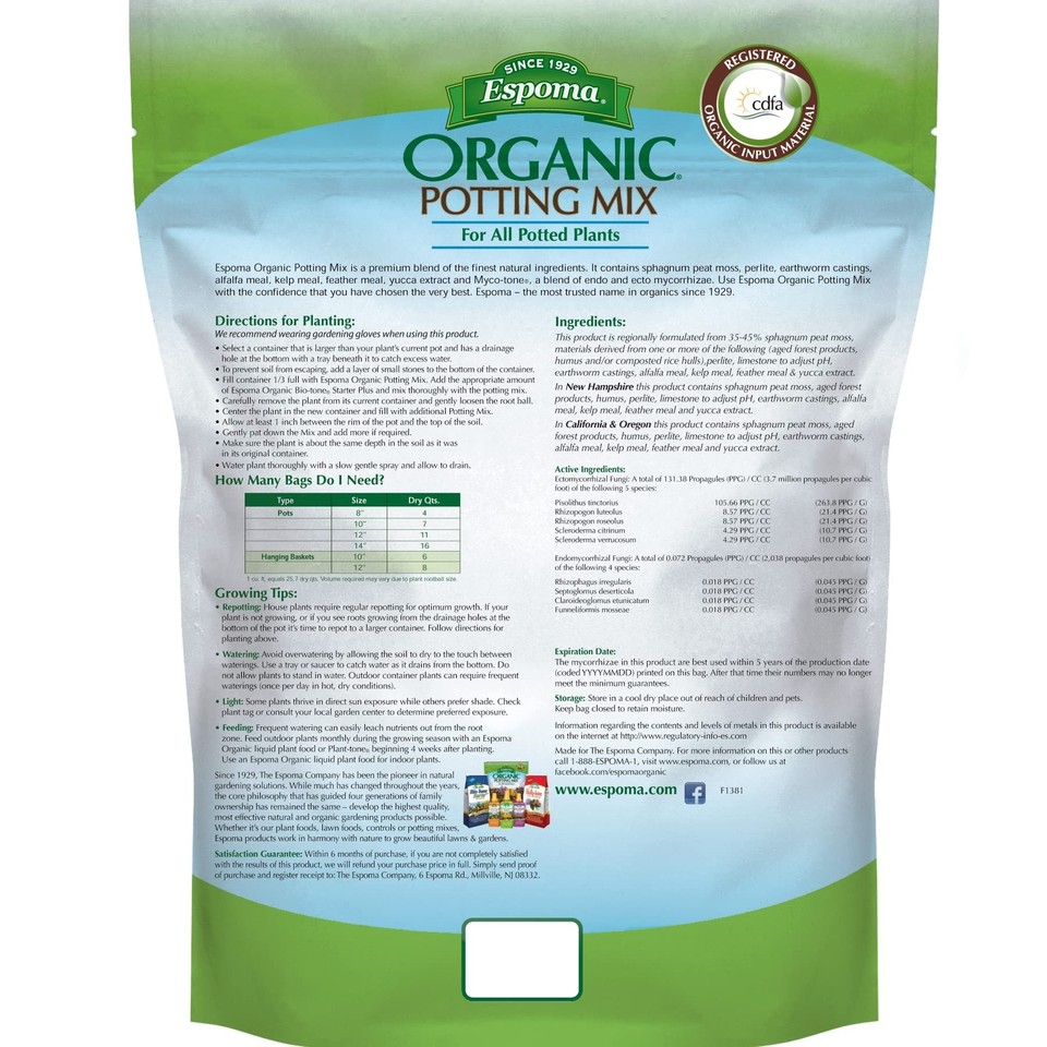 Espoma Organic Potting Soil Mix - All Natural Potting Mix For All ...