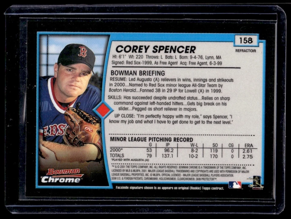 2001 Bowman Chrome Refractor Corey Spencer Rookie G10 Boston Red Sox #158 - Image 2 of 2