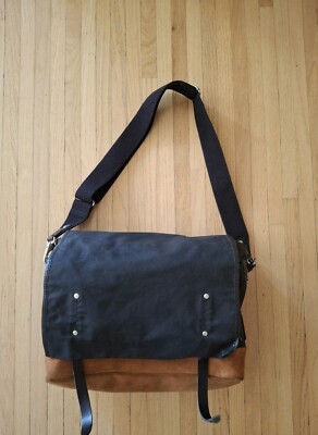Property Of  Shoulder Strap Messenger Bag Canvas & Leather Black & Brown - NICE!