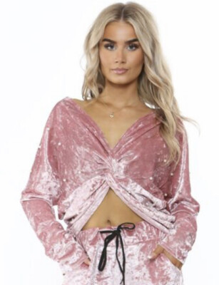 BlushPink Velvet Tracksuit Pearl Embellished Twisted Knot Top OneSize8/12  UK