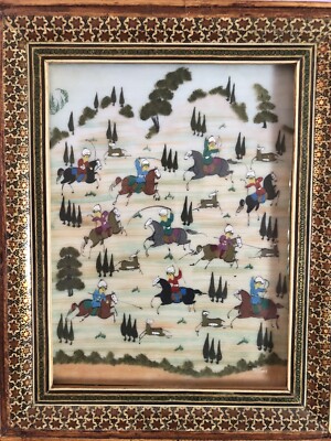 Middle Eastern Persian Painting on bakelite with Hunting Trip Mosaic Wood Frame