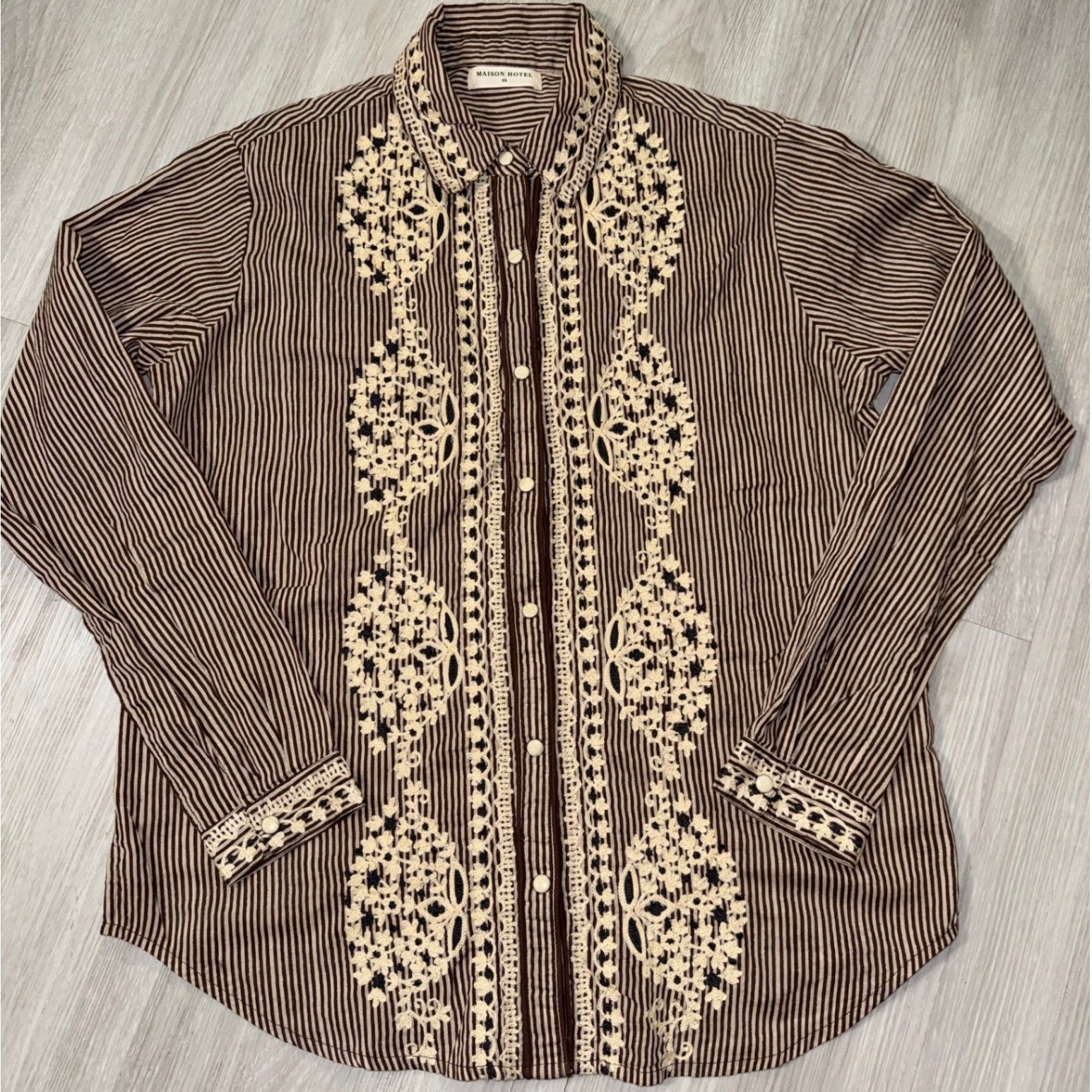 Maison Hotel XS Brown Striped Cotton Crochet Lace Boho Button Down Shirt Spain