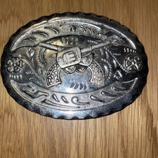 Western Belt Buckle Floral Two Revolver Ornate Silver Color Oval