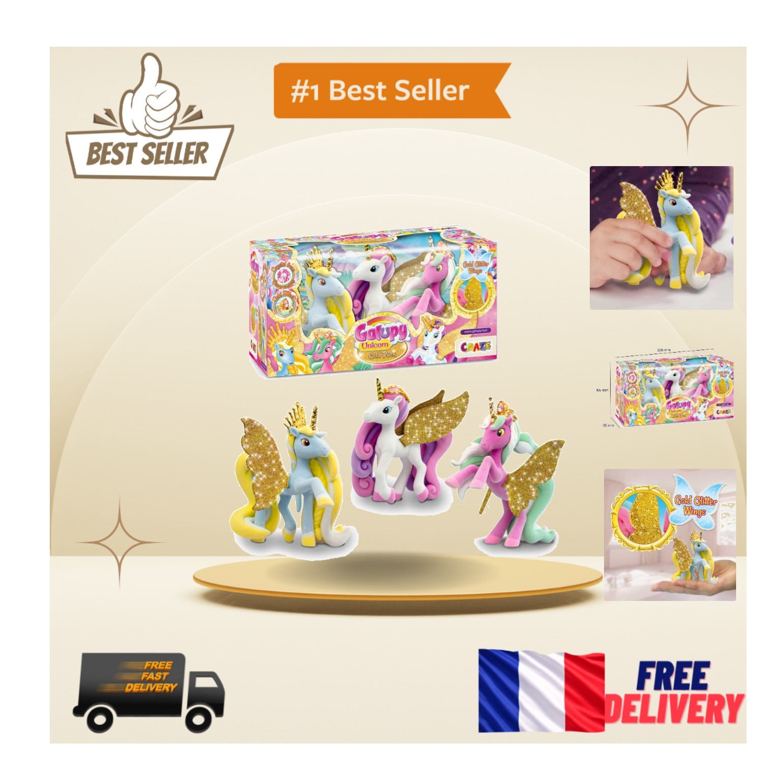 Figurines licornes à collectionner Galupy Gold pack 3 pièces pour fille de 3 ans