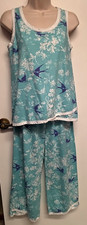 Garnet Hill Women's XS Asian Wrap Pajama Set Organic Cotton Blue Hummingbird EUC