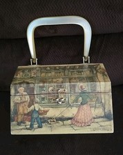 VTG Anton Pieck Scenic Decoupage Lucite Handle Wooden Hinged Purse Box
