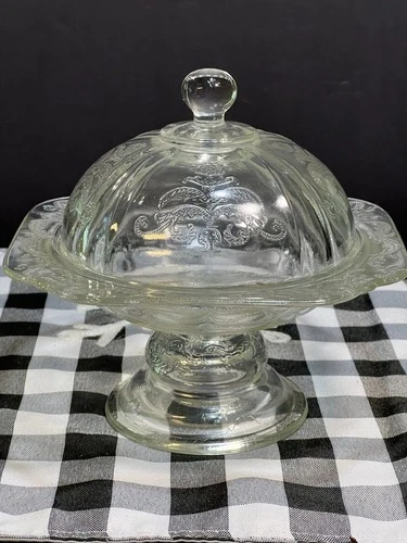 STUNNING 1940s Federal Glass Clear Covered Butter/Cheese Dish Footed  (2123)