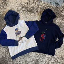 Lot 2 Polo Ralph Lauren Fleece Hoodies Boys L 14-16 Big Pony Bear Blue Pullover