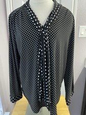 Anne Klein Black White Polka Dot Tie V-Neck Long Sleeve Blouse 0X, NWT