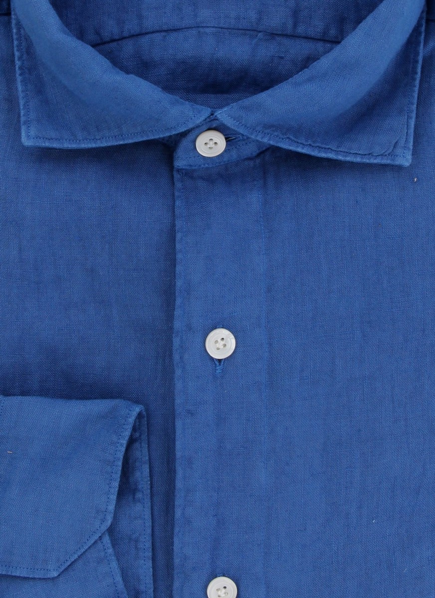$400 Finamore Napoli Blue Linen Shirt - Extra Slim - (FN7162413
