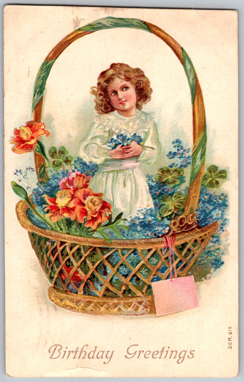 Antique Postcard Girl Flower Basket 1910s