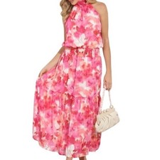 NWT Veronica M Pink Floral Halter Tiered Midi Dress Smocked Waist Sz XS Feminine