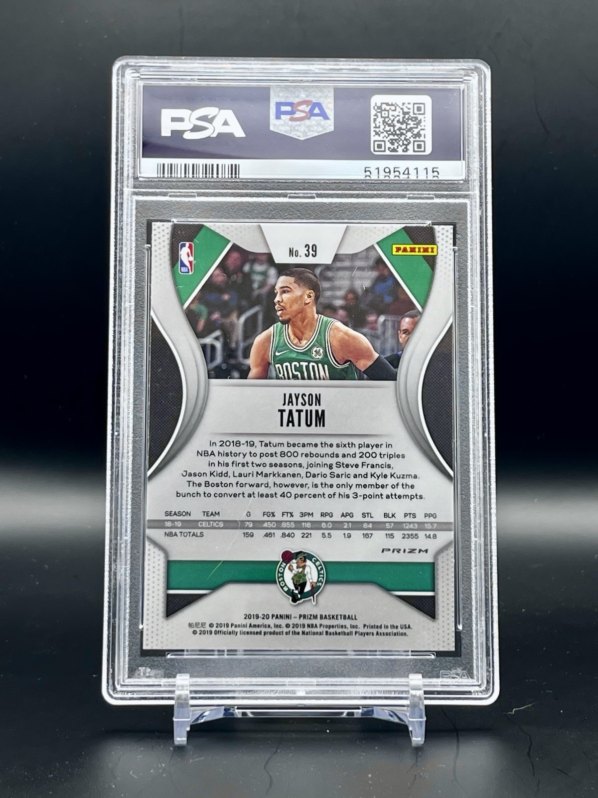 2019-2020 Jayson Tatum Panini Prizm Purple Wave #39 PSA 10 GEM MT Boston Celtics view 2