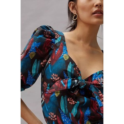 Eva Franco Blue Multicolor Tropical Print Bow Front Sweetheart Blouse Womens 4