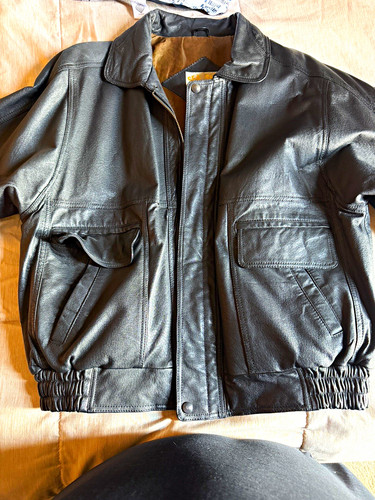 Sea Sky Men's Black Leather Bomber Jacket Size S Zip Front Pockets Lined