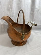 Vintage Large Copper Coal Scuttle Bucket Bowl Planter Delft Ceramic Handles 8”